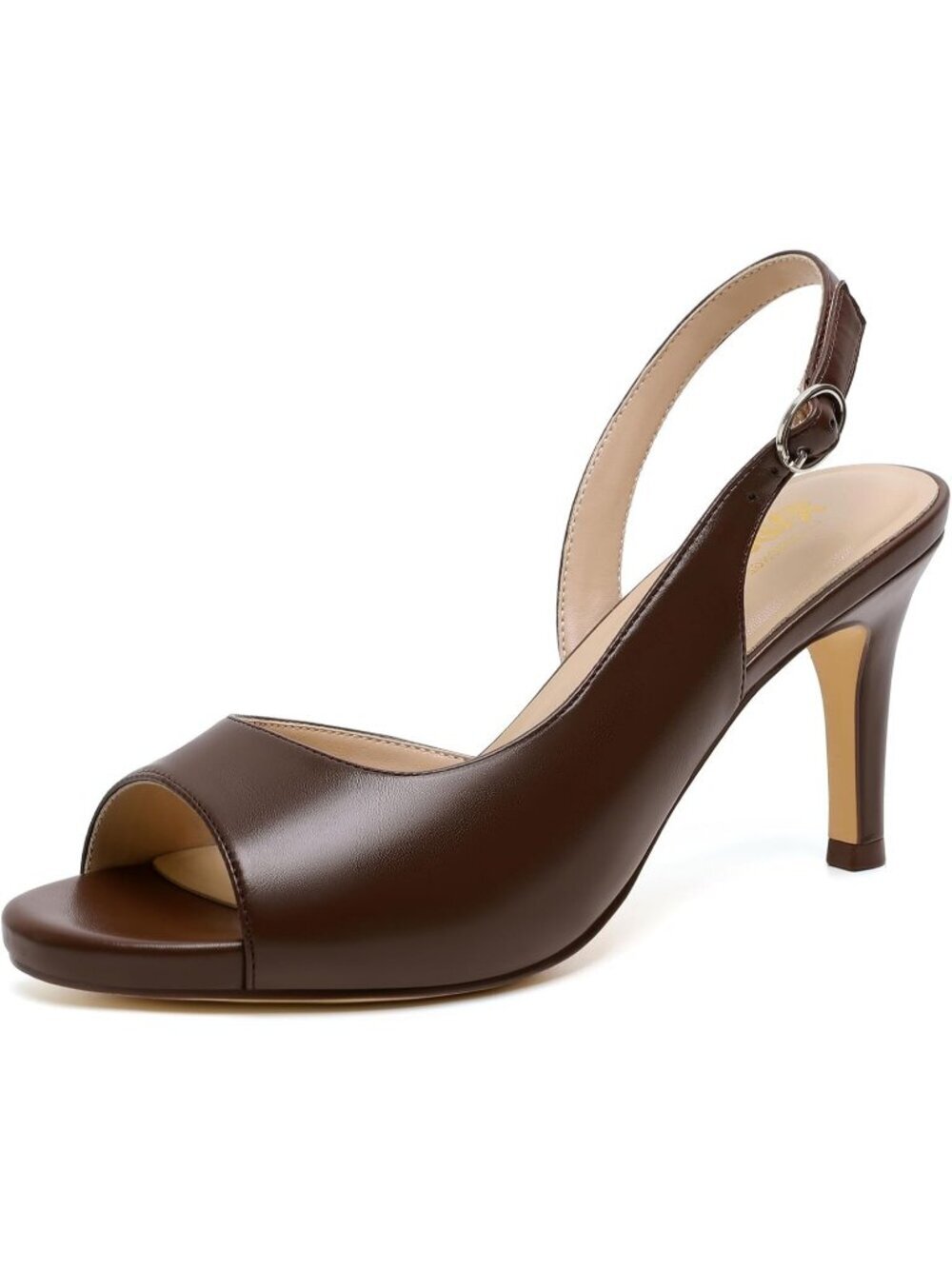 Women's Brown Pu Peep Open Toe Heel Pumps Comfortable Slip On Party Dress Shoes